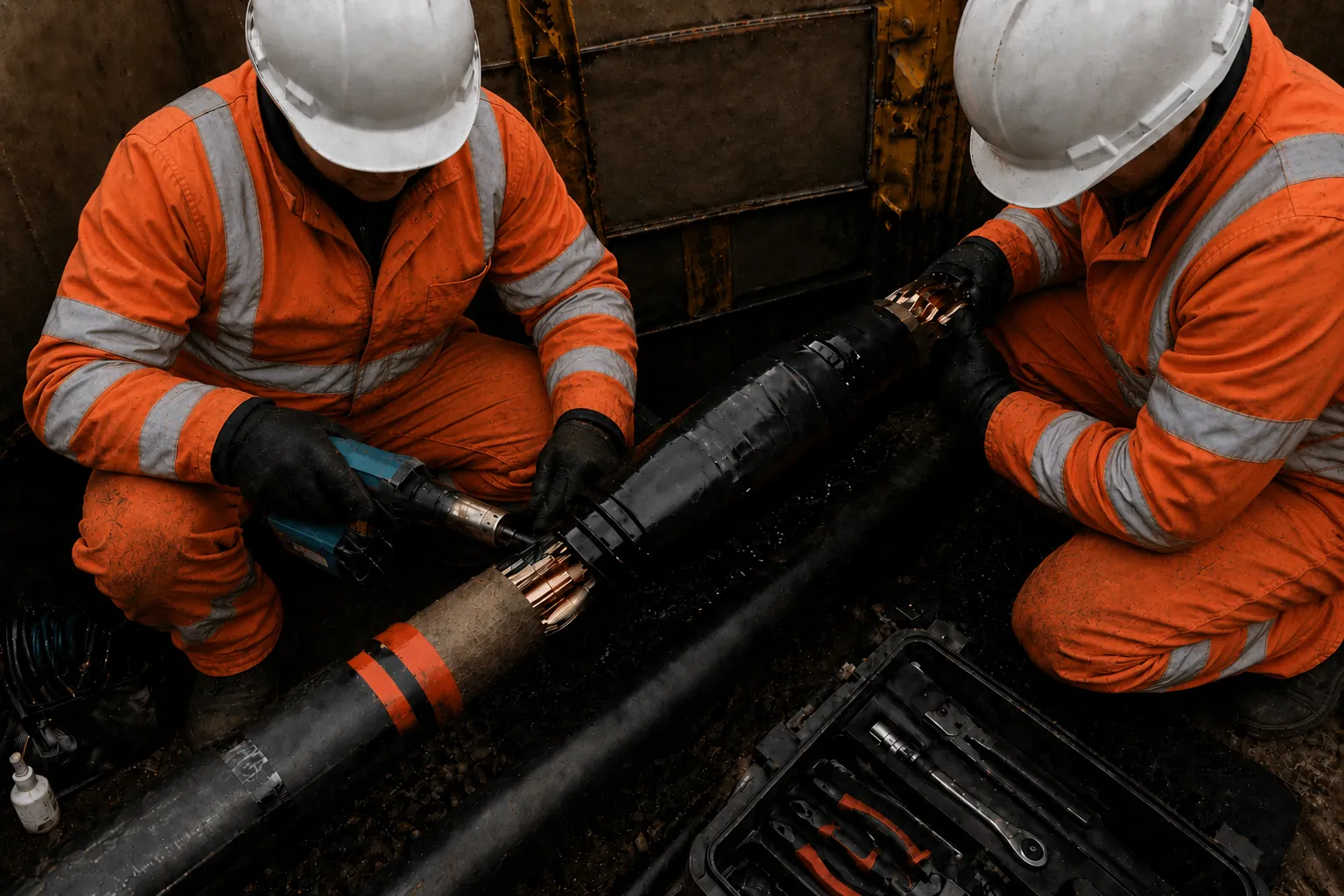 Certified cable jointers installing a 33kV heat-shrink joint
