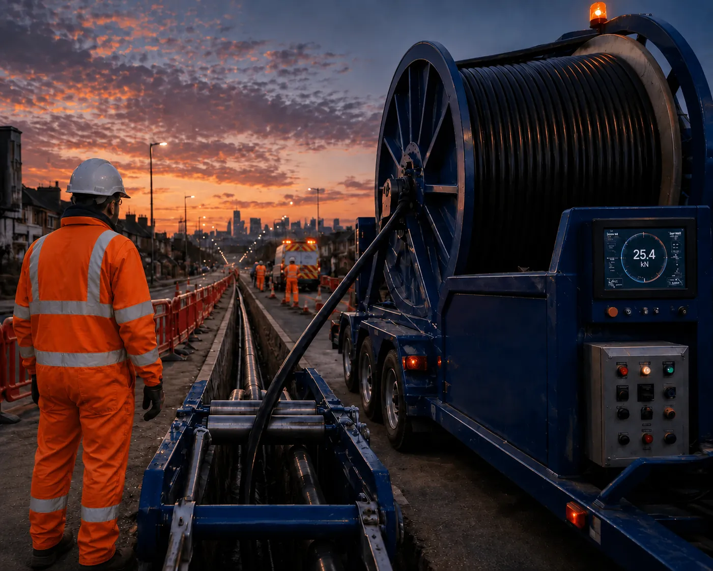 Electrical Excavations crew with cable drum trailer pulling cable at sunset