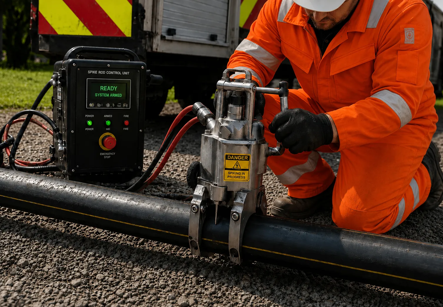 Authorised operative preparing a remote-fired cable spike gun