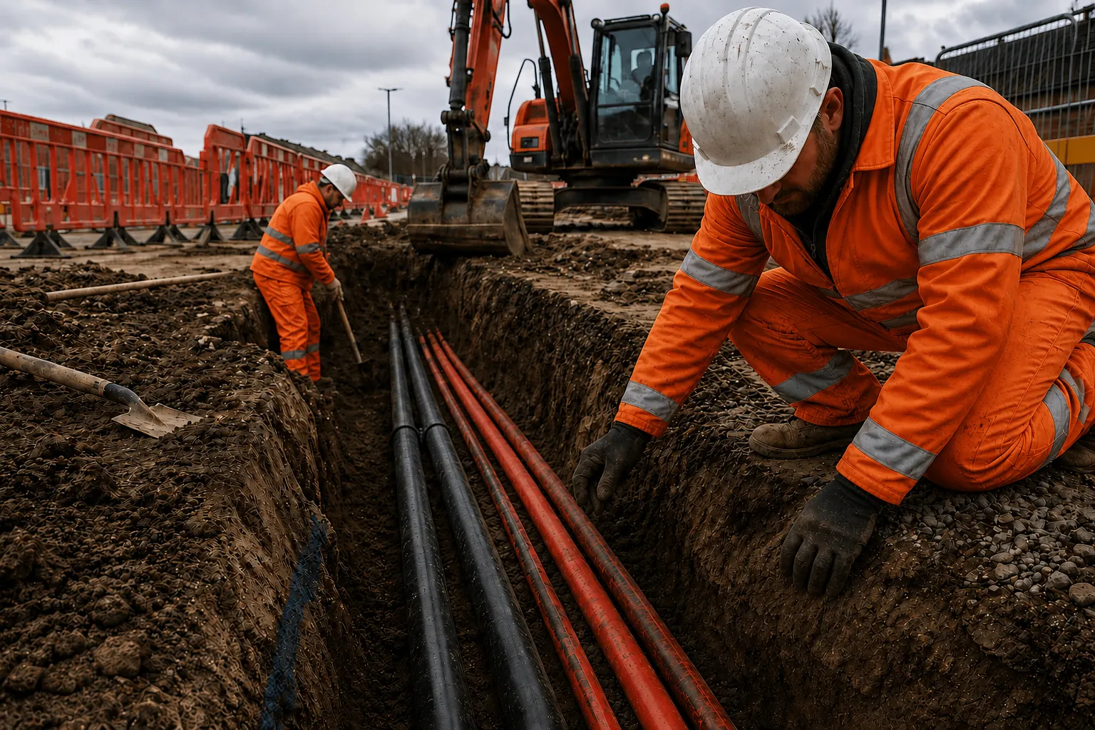 Electrical Excavations crew laying cables with electric cable warning tape