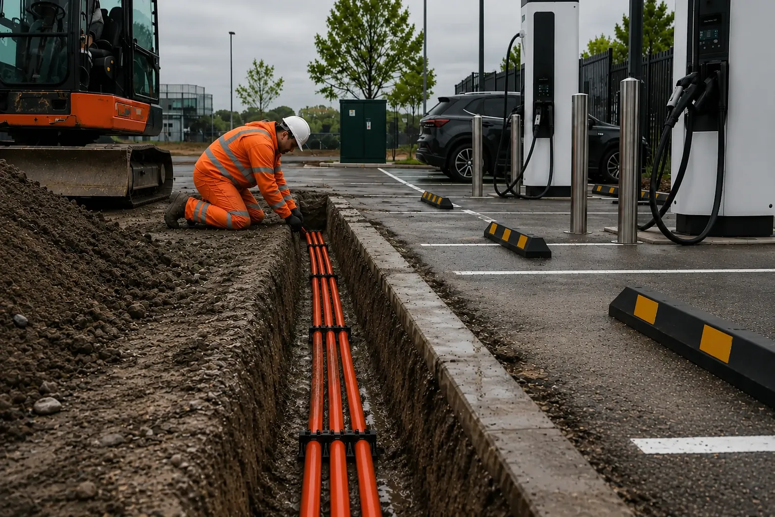 Cable being laid to a live EV charger forecourt