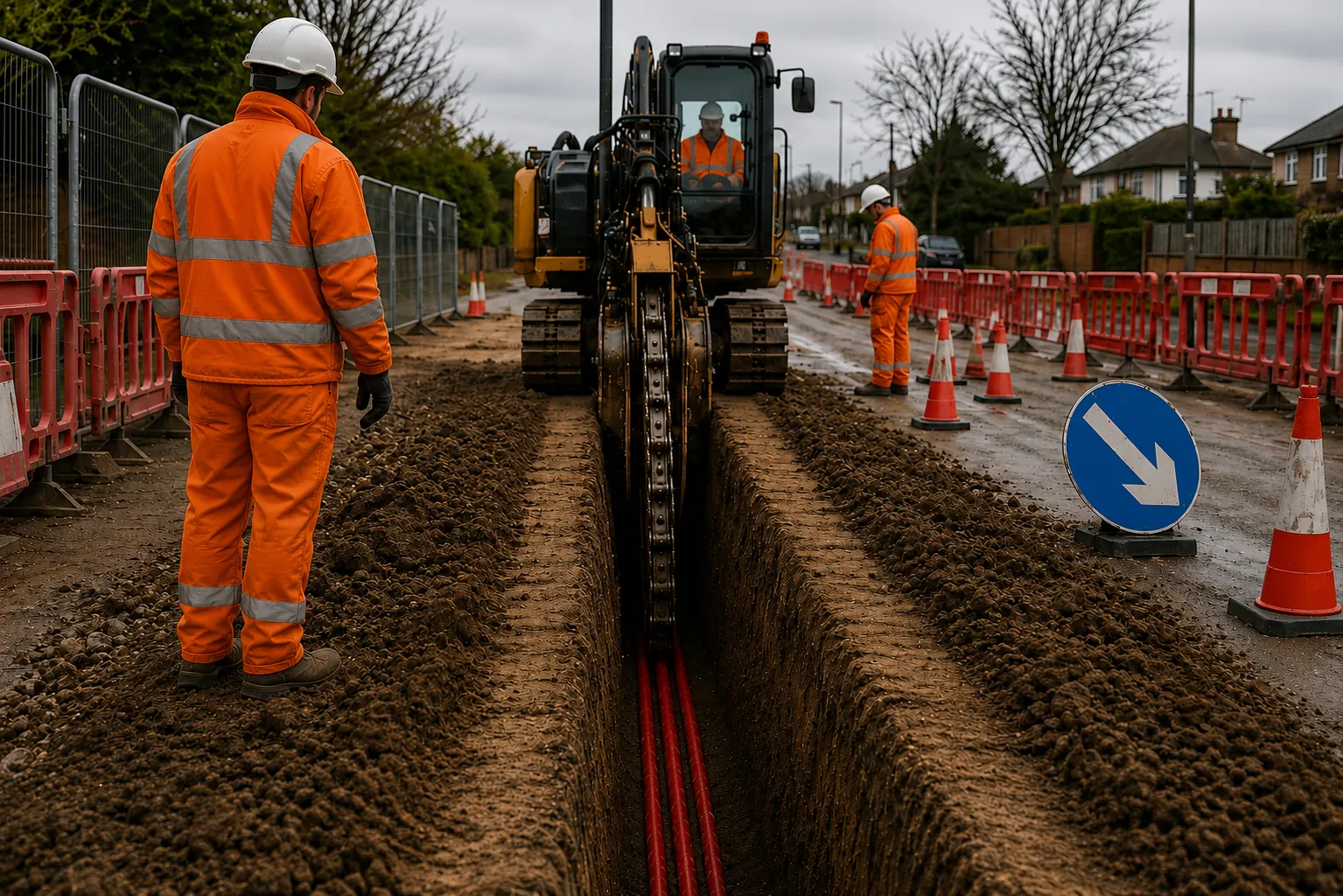 Utility trench being dug through a residential street with barriers set up