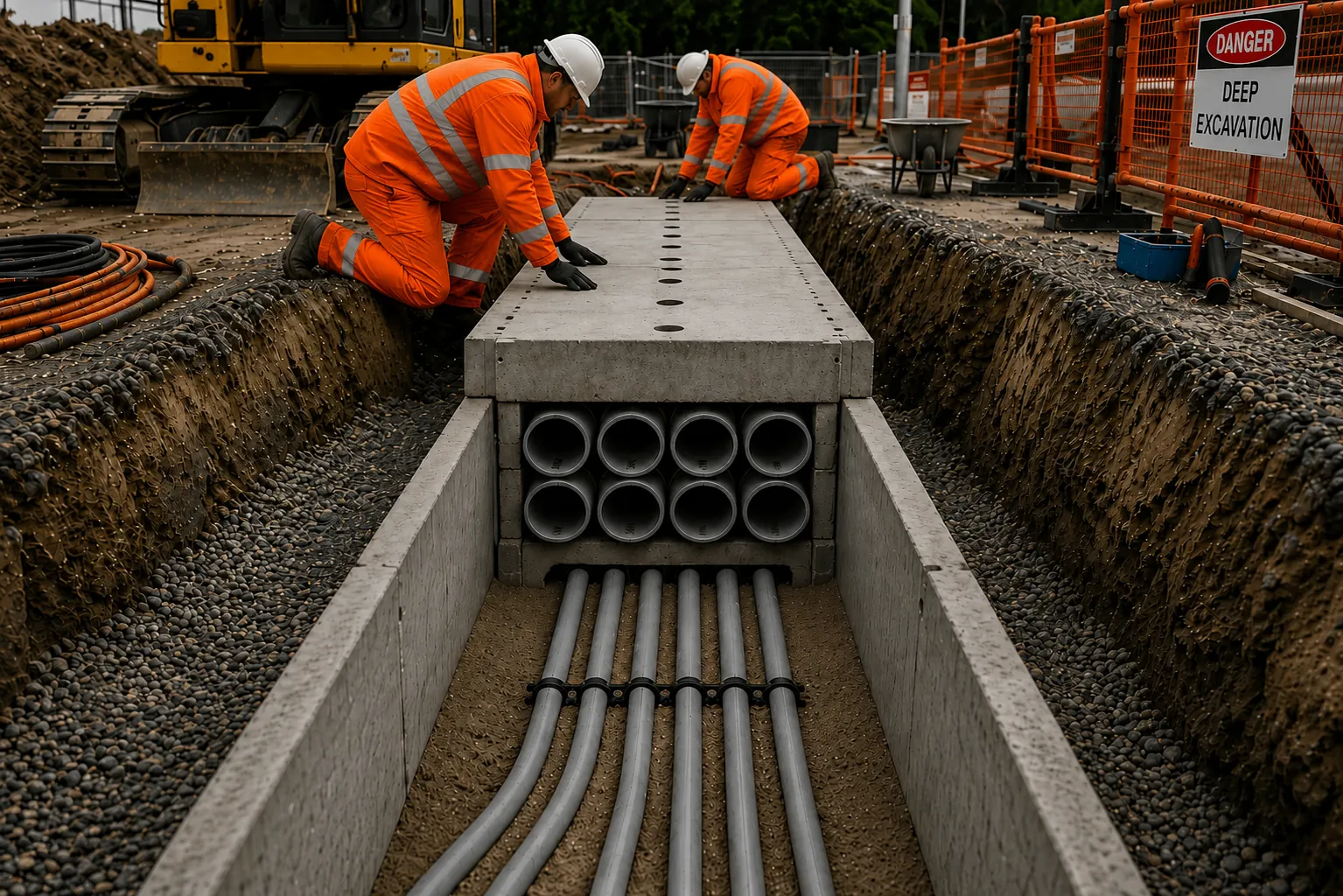 Multi-way duct bank installed in a deep excavation with concrete surround